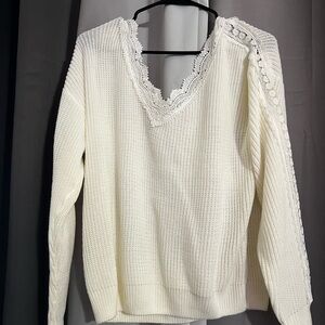 Cozy White V-Neck Sweater with Lace Detail
